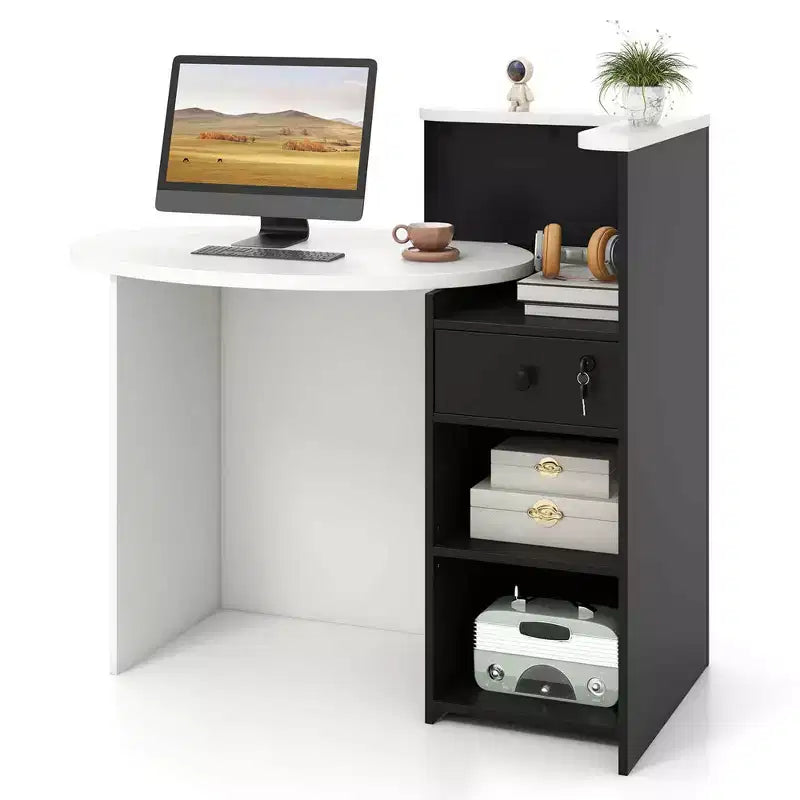 Costway Comptoir de Réception Bureau de Caisse avec Étagère Ouverte et Tiroir Verrouillable Blanc/Marron/Noir