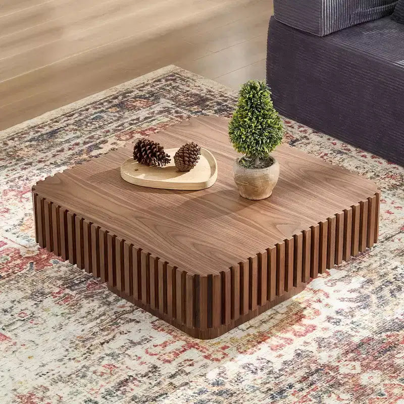Table basse tambour artisanale moderne 31,5 po, carrée, piètement en MDF noyer