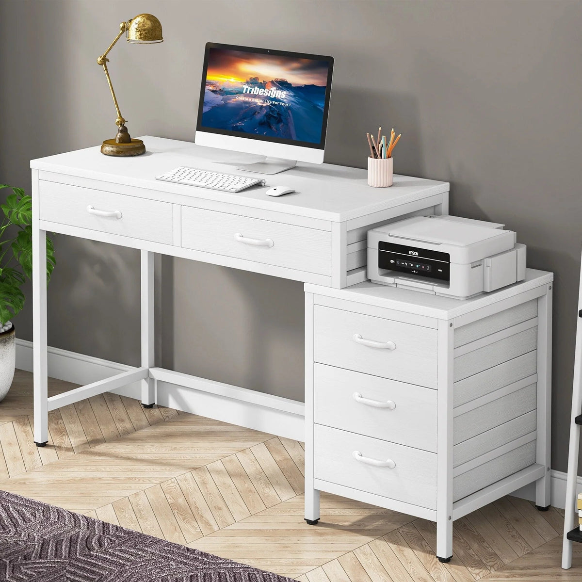 Bureau d'ordinateur réversible avec 5 tiroirs, bureau de travail à domicile avec caisson de rangement pour dossiers et support pour imprimante