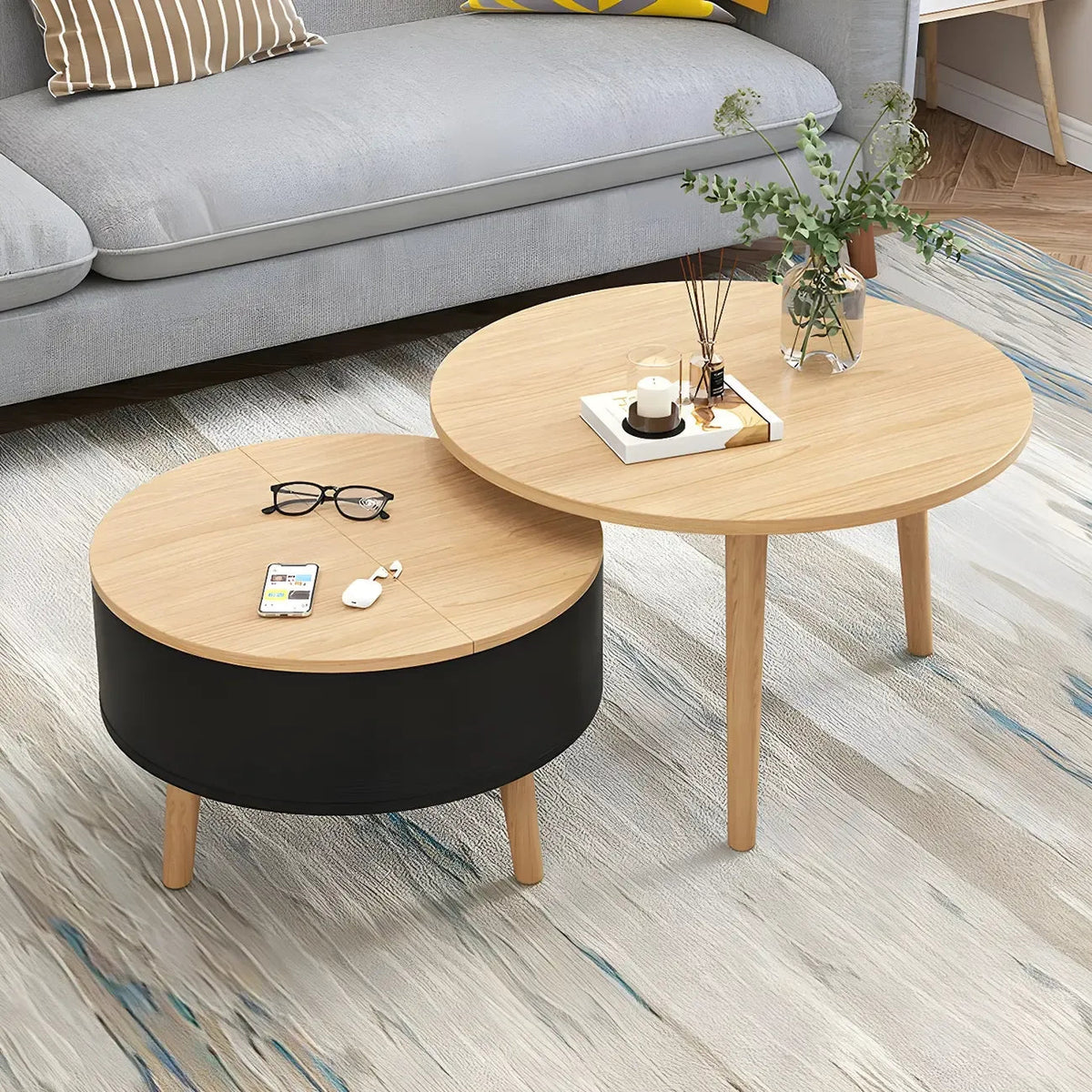Table basse ronde moderne en bois noir et blanc avec rangement