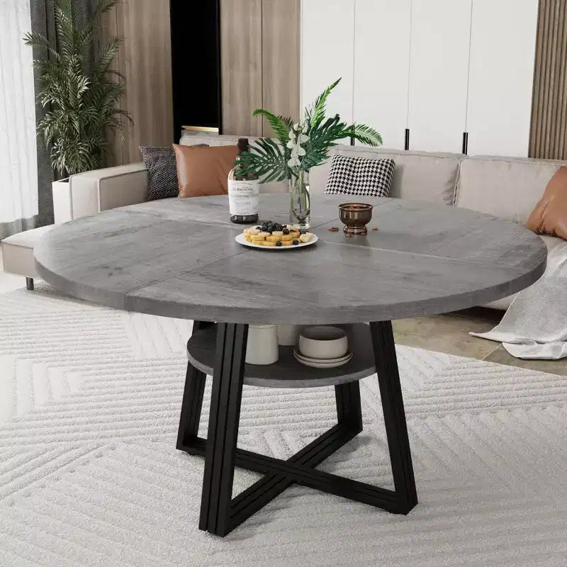 Table de salle à manger ronde pour 4 à 6 personnes, table de cuisine de 120 cm avec étagère de rangement, table à manger en bois avec base en métal pour salon, sans chaises