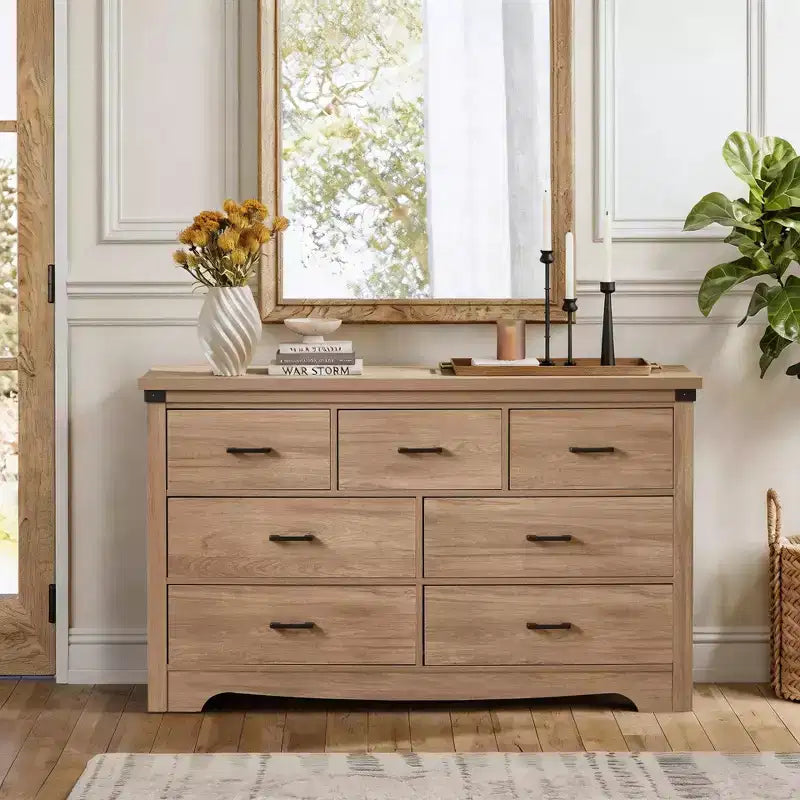 Commode de chambre à 7 tiroirs de style ferme, commodes de 79,8 cm de haut, commode rustique en bois avec poignée en métal, organisateur de rangement pour chambre.