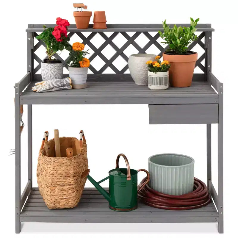 Table de rempotage de jardin en bois pour extérieur Best Choice Products, établi avec tiroir et étagère ouverte