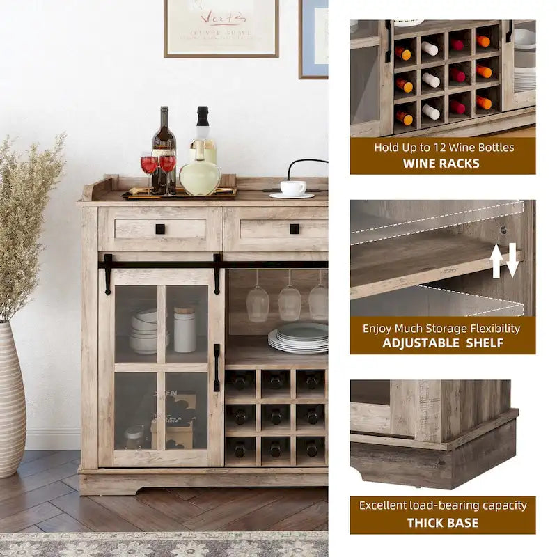 53 Meuble de rangement de cuisine avec porte de grange, buffet, bar à café et casier à vin