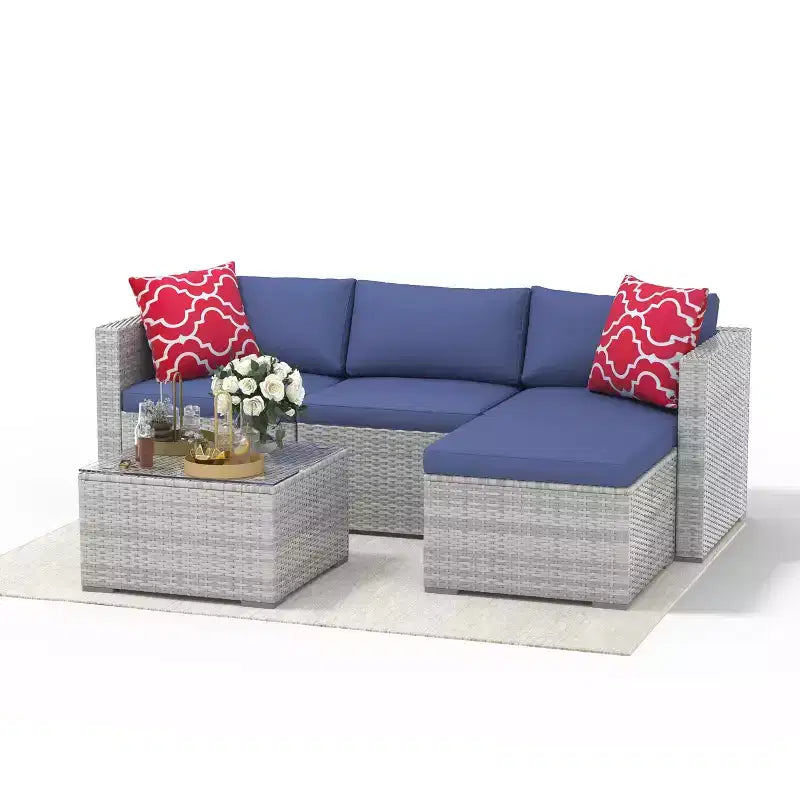 Ensemble de mobilier de patio 5 pièces, canapé d'angle en osier tout temps avec coussins antidérapants, ensemble de canapé d'extérieur en rotin avec pouf.