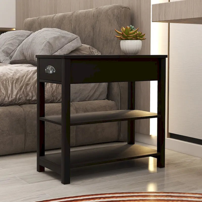 Table d'appoint étroite à plateau relevable avec tiroir, table de chevet avec 2 étagères de rangement ouvertes, petite table pour salon, chambre à coucher
