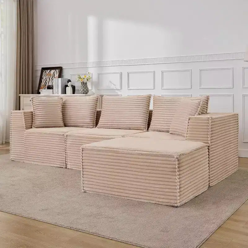 Canapé d'angle modulaire avec pouf, canapé en velours côtelé sans assemblage, canapé profond en U/L pour petits espaces, 4 couleurs et configurations