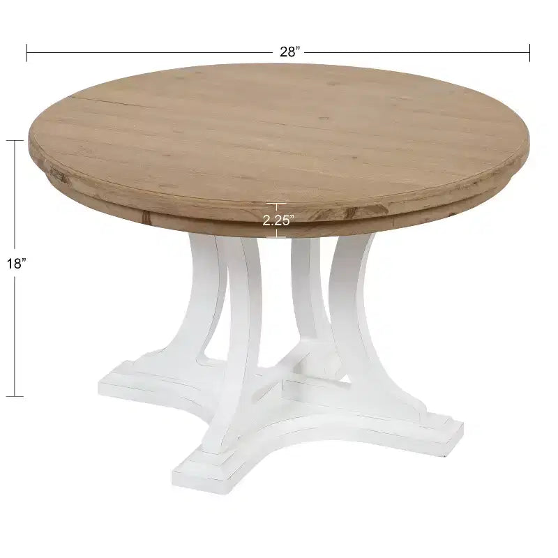 Table basse ronde en bois, marron rustique et blanc, piètement entrecroisé