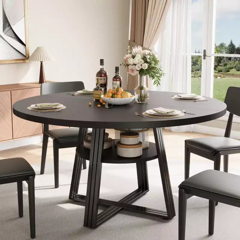 Table de salle à manger ronde pour 4 à 6 personnes, table de cuisine de 120 cm avec étagère de rangement, table à manger en bois avec base en métal pour salon, sans chaises