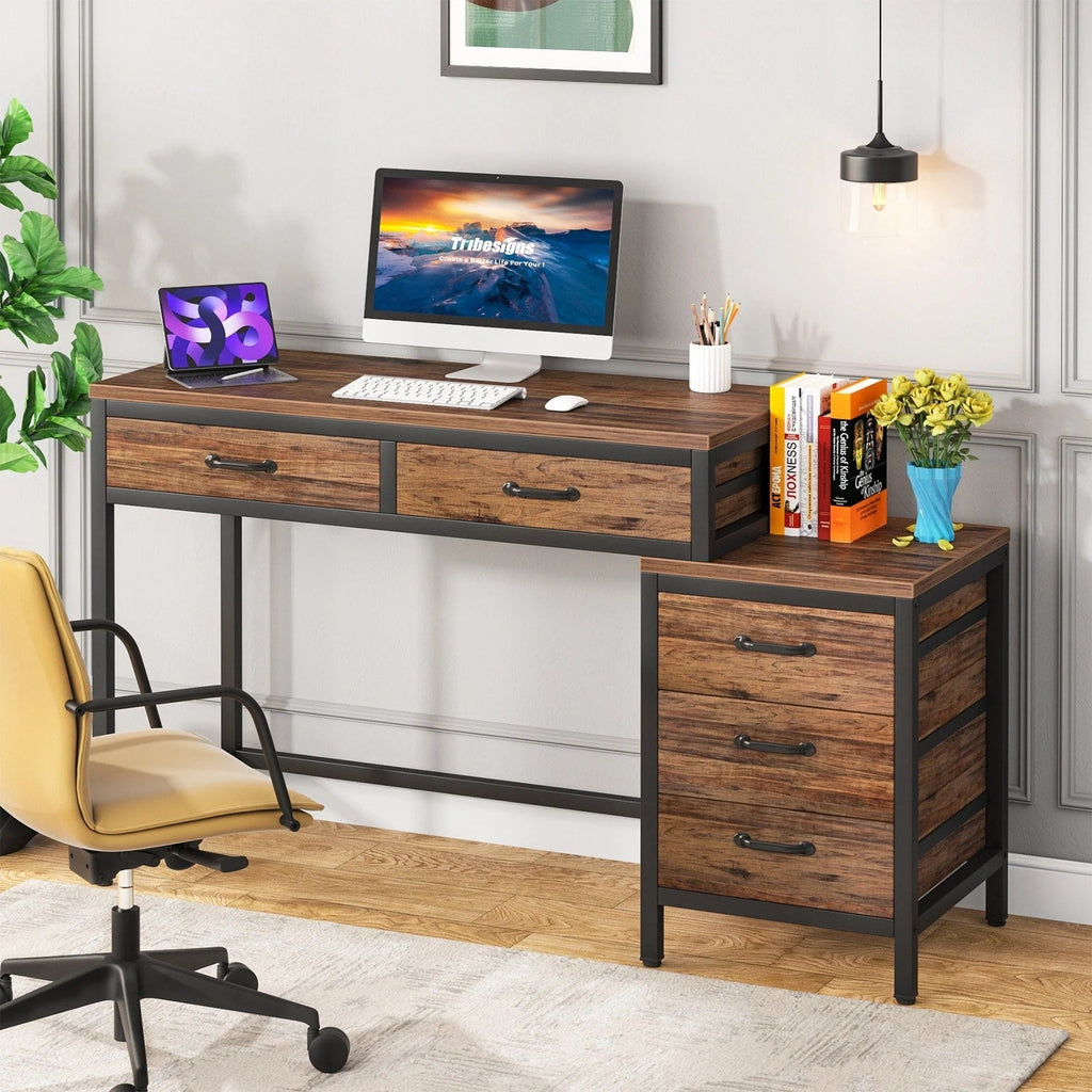 Bureau d'ordinateur réversible avec 5 tiroirs, bureau de travail à domicile avec caisson de rangement pour dossiers et support pour imprimante