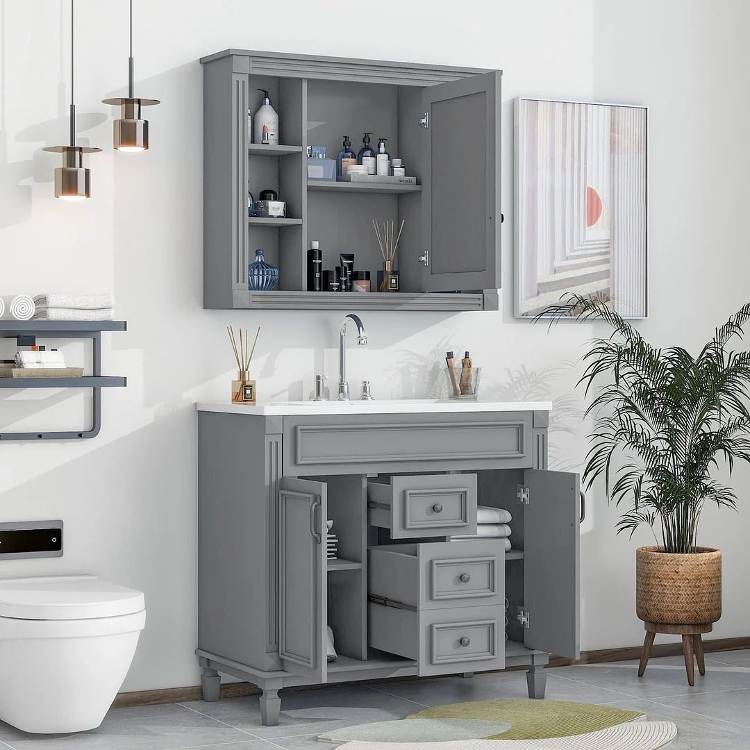 Meuble-lavabo moderne de 36 po avec vasque et armoire à miroir, 2 portes et 2 tiroirs
