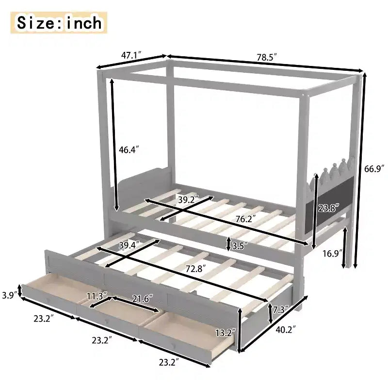 Lit plateforme double/grand format avec lit gigogne, lit à baldaquin en bois de princesse avec 3 tiroirs, lit de rangement avec tête de lit capitonnée pour chambre à coucher