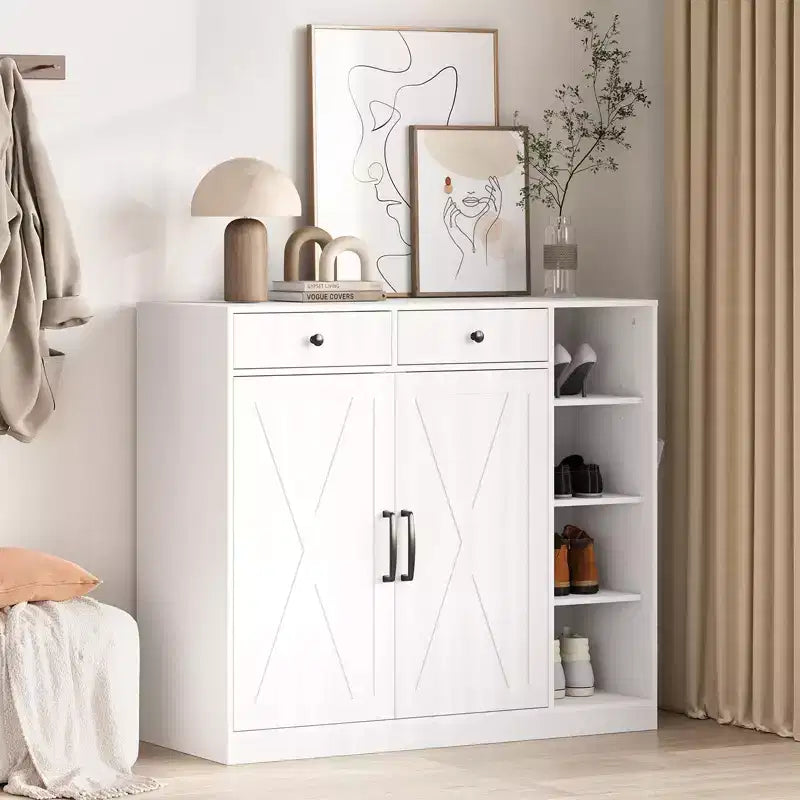 Meuble à chaussures, Meuble de rangement pour chaussures Style ferme 2 portes coulissantes avec tiroirs, étagères réglables et crochets pour entrée, couloir