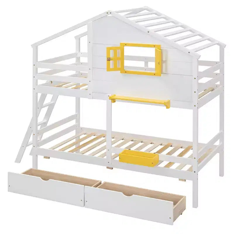 Lit superposé cabane jumeau sur jumeau avec 2 tiroirs, étagères de rangement et fenêtre