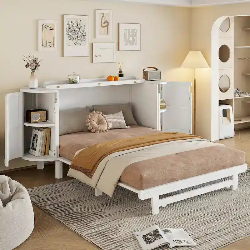 Buffet convertible avec lit escamotable et rangement dissimulé, lit mural moderne en bois tressé avec plateforme dissimulée, commode.