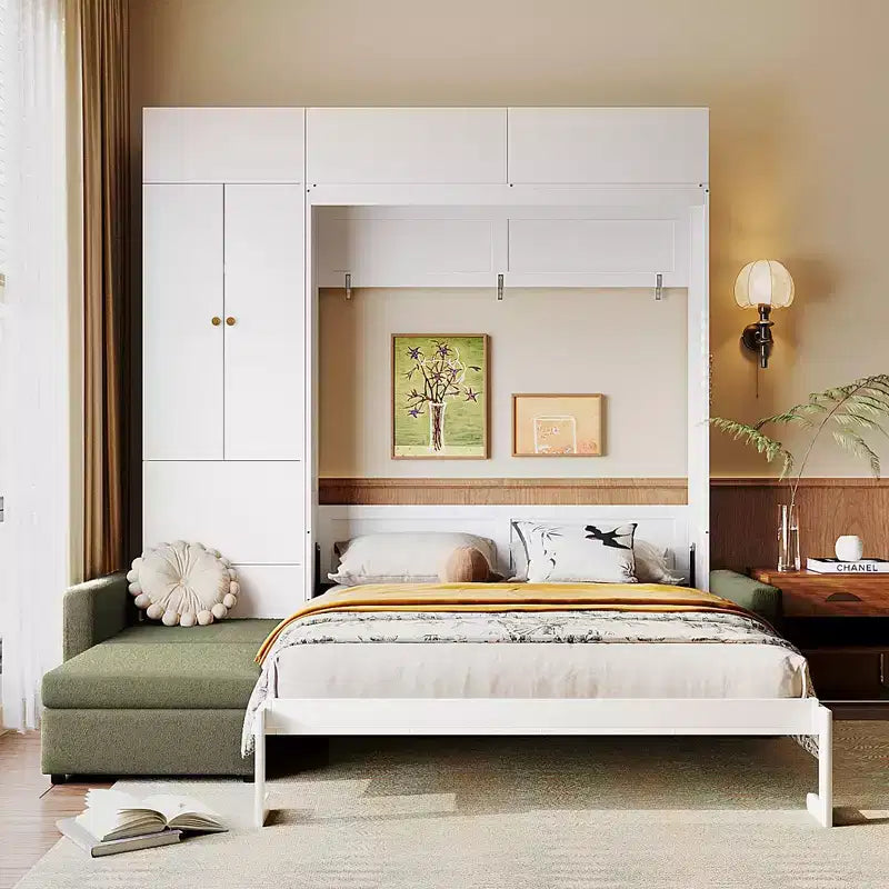 Lit escamotable Queen size avec canapé et armoire, Lit mural Queen en bois avec étagères, Lit escamotable pour chambre d'amis ou bureau
