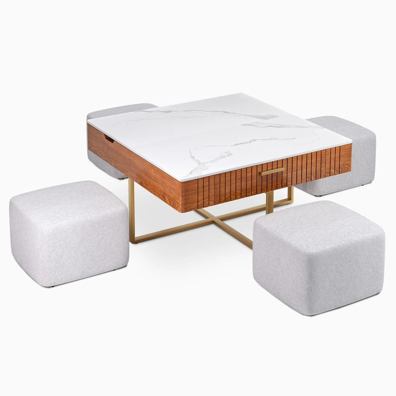 Table basse relevable avec rangement dissimulé et 4 poufs