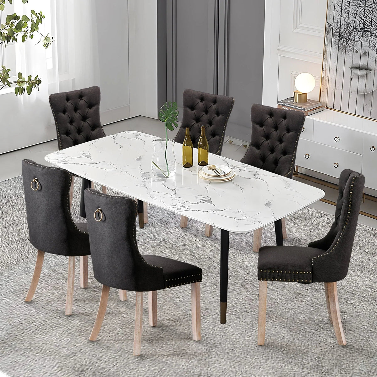 Chaise de salle à manger capitonnée en velours avec pieds en bois massif, lot de 6