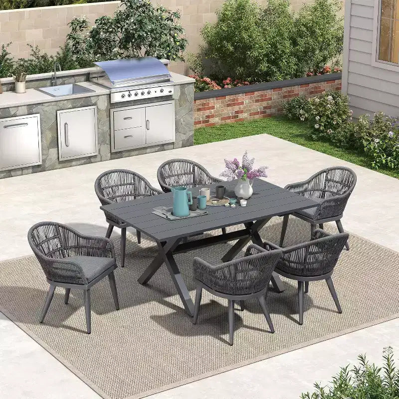 Ensemble de salle à manger d'extérieur PURPLE LEAF avec table à manger en aluminium et chaises en rotin tressé