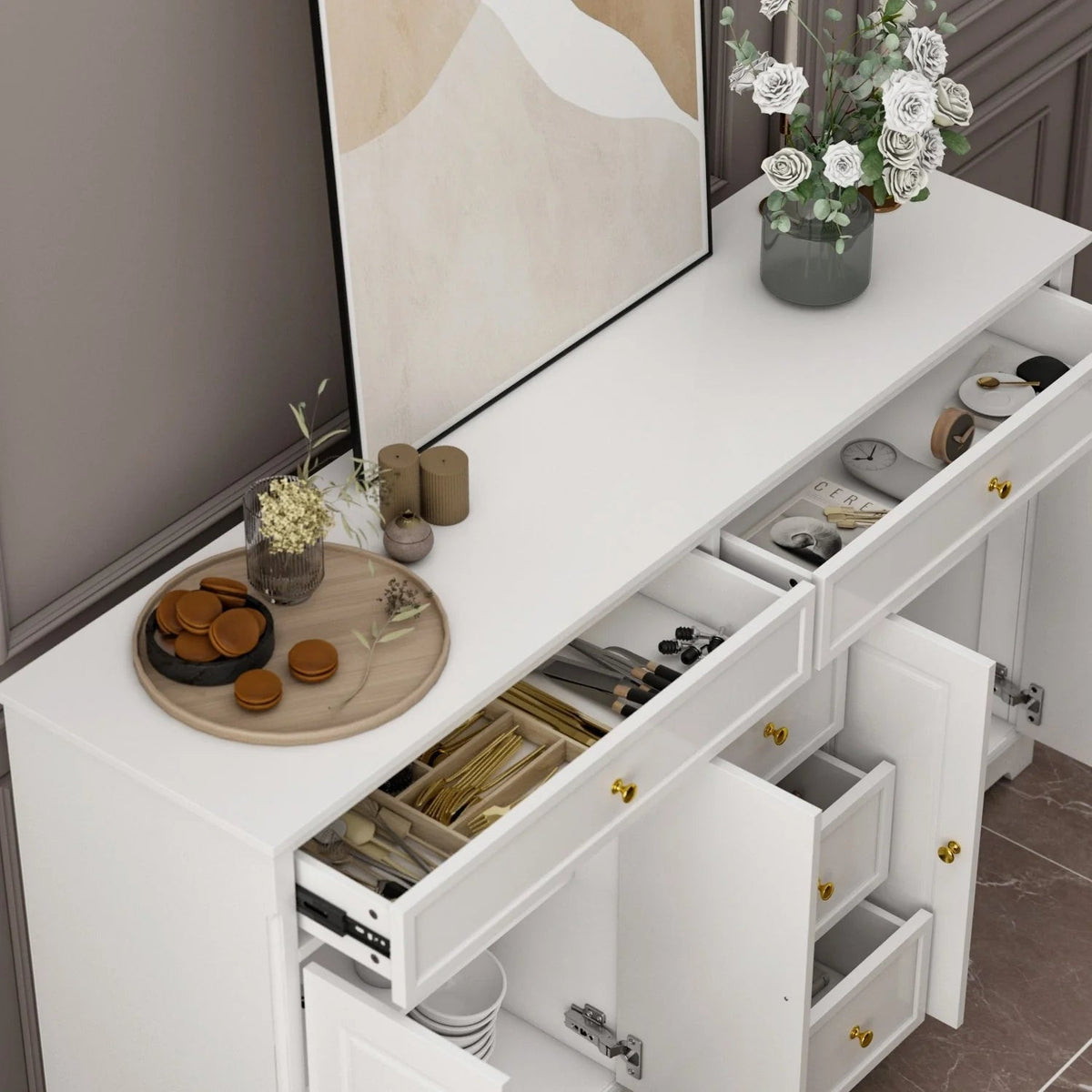 59.1Buffet bahut blanc laqué moderne contemporain du milieu du siècle