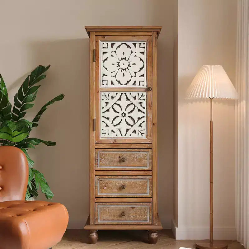 Meuble de rangement haut rustique GDFStudio Brielle avec porte à découpes florales et tiroirs