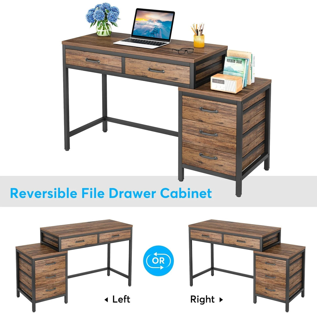Bureau d'ordinateur réversible avec 5 tiroirs, bureau de travail à domicile avec caisson de rangement pour dossiers et support pour imprimante