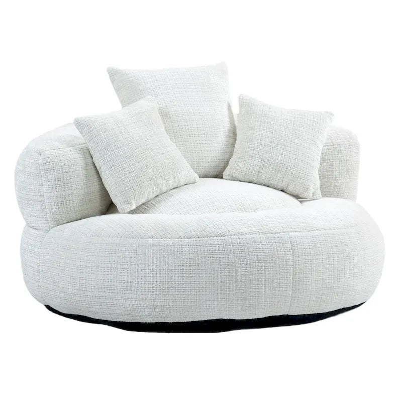 Fauteuil d'appoint rond surdimensionné avec haut dossier enveloppant, revêtement en chenille et 3 coussins