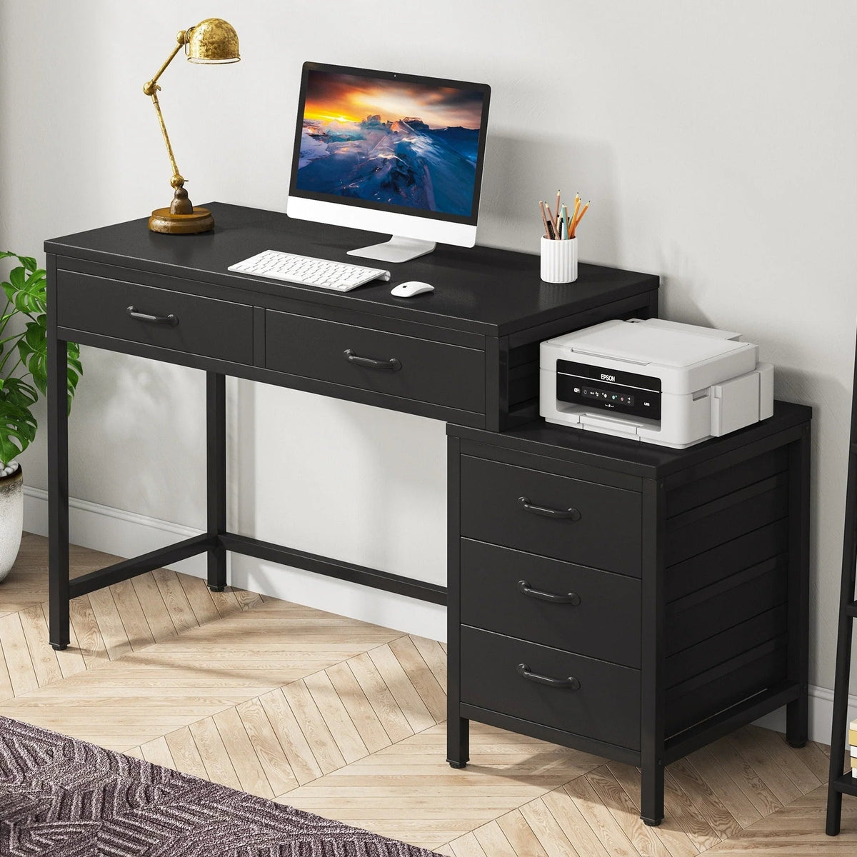 Bureau d'ordinateur réversible avec 5 tiroirs, bureau de travail à domicile avec caisson de rangement pour dossiers et support pour imprimante