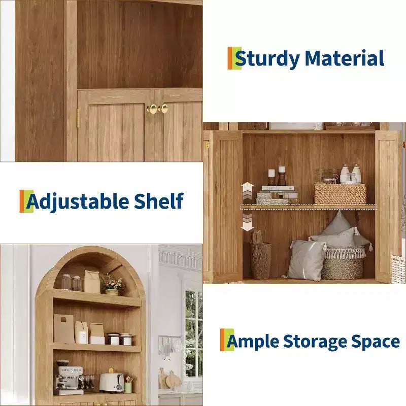 Armoire arquée haute de 183 cm, bibliothèque arquée à 5 niveaux avec doubles portes et étagère réglable, bibliothèque en bois avec rangement pour bureau à domicile