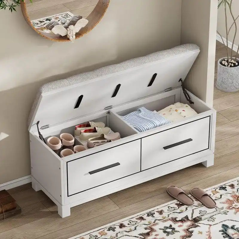 Banc à chaussures avec coussin amovible et rangement dissimulé pour l'organisation de l'entrée et du salon