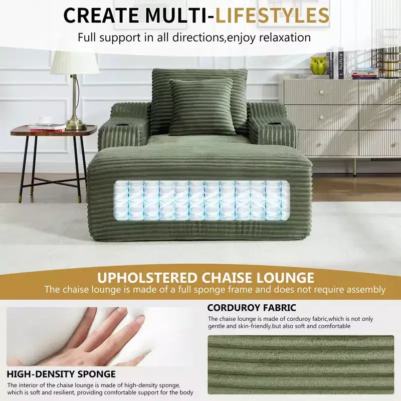 Chaise longue de 170 cm, canapé-lit d'intérieur avec 2 coussins, canapé monoplace sans structure pour salon, aucun assemblage requis
