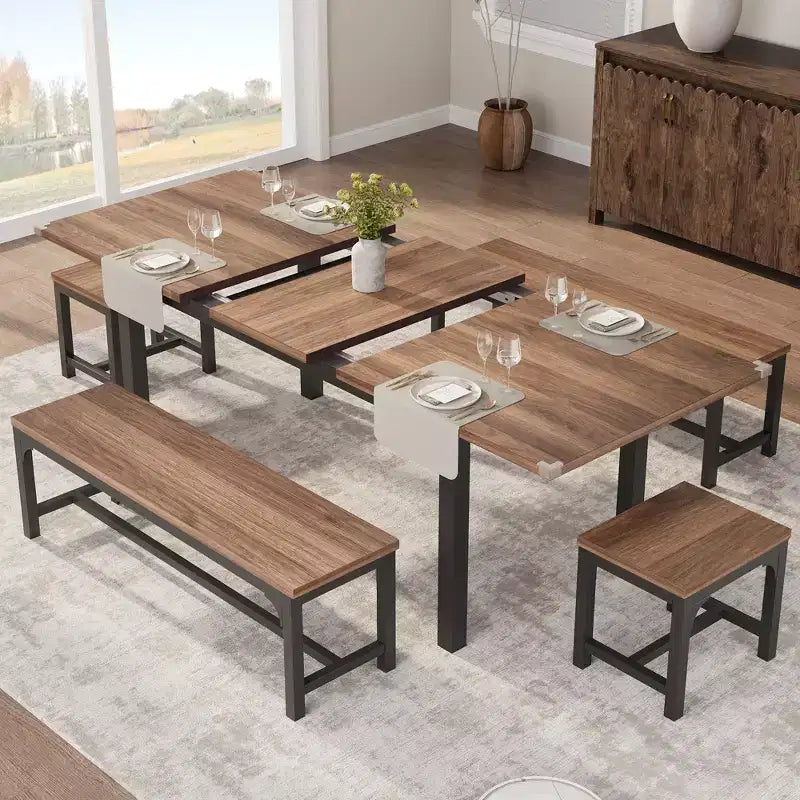 Ensemble de salle à manger 5 pièces pour 4-6 personnes, grande table de salle à manger extensible de 160 cm avec bancs et tabourets