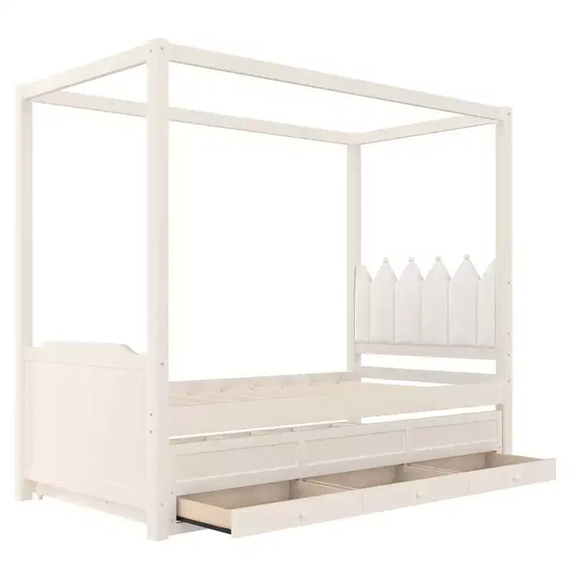 Lit plateforme double/grand format avec lit gigogne, lit à baldaquin en bois de princesse avec 3 tiroirs, lit de rangement avec tête de lit capitonnée pour chambre à coucher