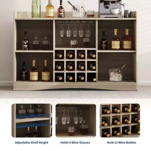 Meuble de bar à vin moderne de 120 cm avec 9 porte-verres, 12 casiers à vin, design cannelé, 2 portes, buffet de rangement pour salle à manger et salon