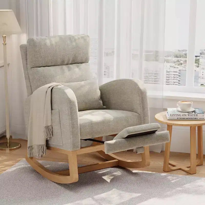 Fauteuil à bascule moderne avec oreiller et poches latérales, pour salon, chambre à coucher
