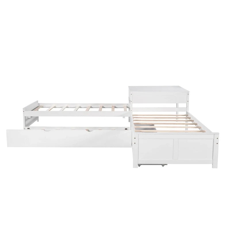 Lit plateforme moderne blanc en forme de L pour deux personnes avec lit gigogne et tiroirs pour chambre à coucher