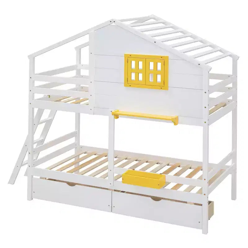 Lit superposé cabane jumeau sur jumeau avec 2 tiroirs, étagères de rangement et fenêtre