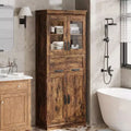 Grand meuble de salle de bain de 170 cm avec 4 portes, armoire de rangement autoportante avec portes vitrées, étagères réglables et tiroirs pour cuisine, cellier, salon