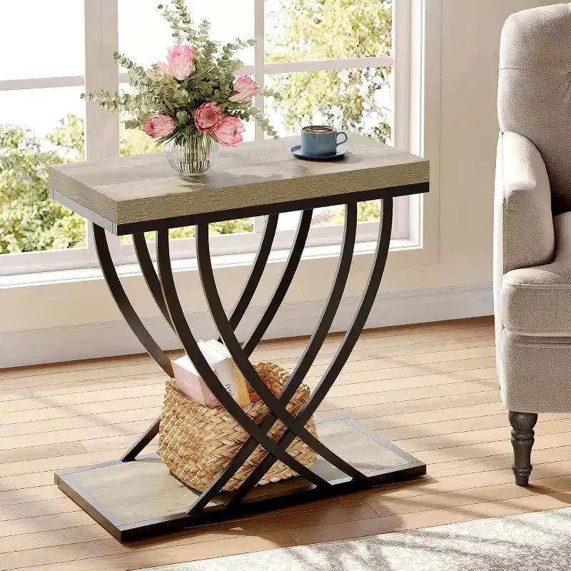 Table d'appoint, bout de canapé étroit à 2 niveaux pour salon, table de chevet industrielle avec structure en métal pour chambre, canapé, petits espaces, gris