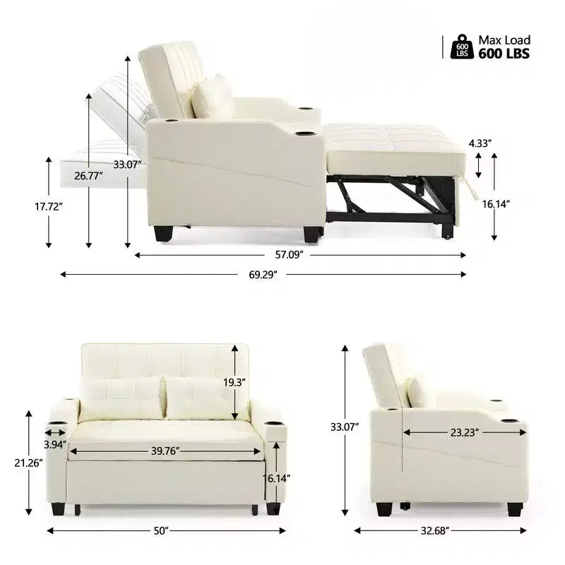 Canapé-lit convertible inclinable en cuir rembourré « Cats Claw » avec coussins pour petits espaces