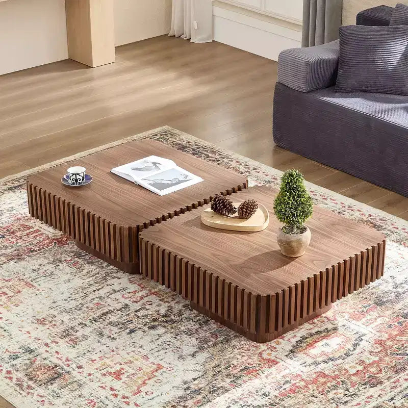 Table basse tambour artisanale moderne 31,5 po, carrée, piètement en MDF noyer
