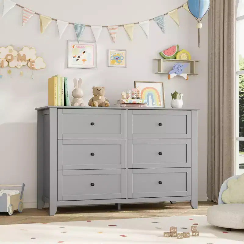 Commode à 6 tiroirs pour chambre à coucher, grande commode avec tiroirs profonds et poignées en métal, commodes modernes en bois pour entrée, couloir