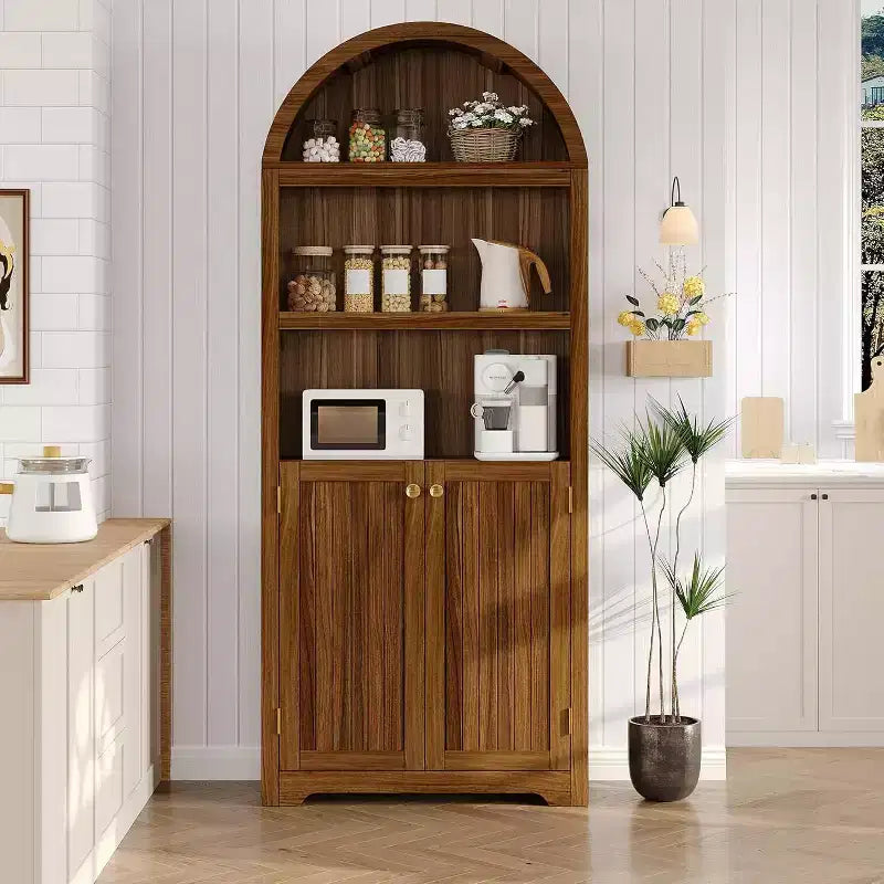 Armoire arquée haute de 183 cm, bibliothèque arquée à 5 niveaux avec doubles portes et étagère réglable, bibliothèque en bois avec rangement pour bureau à domicile