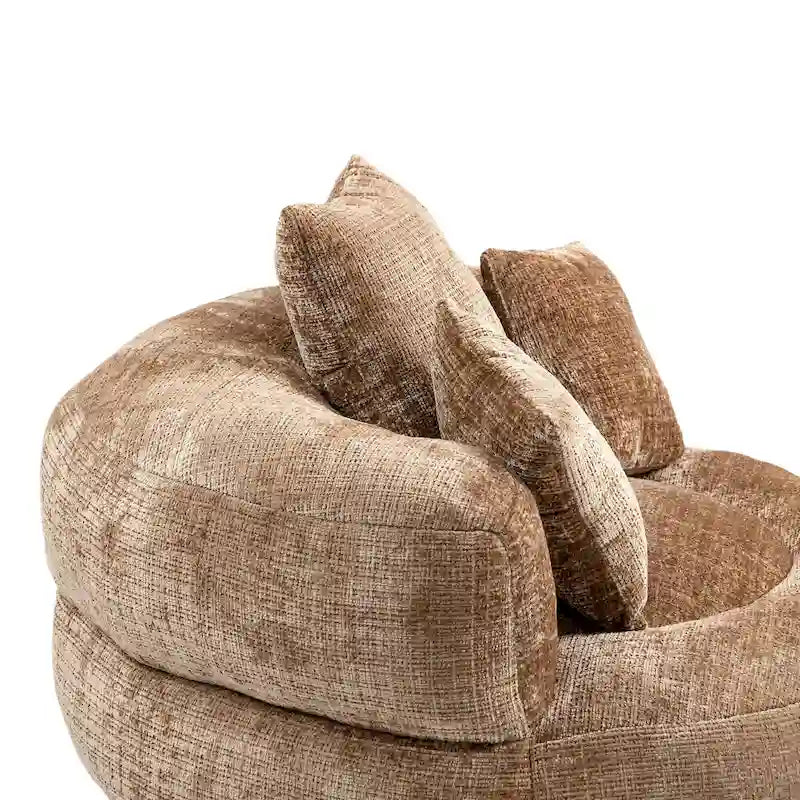 Fauteuil d'appoint rond surdimensionné avec haut dossier enveloppant, revêtement en chenille et 3 coussins