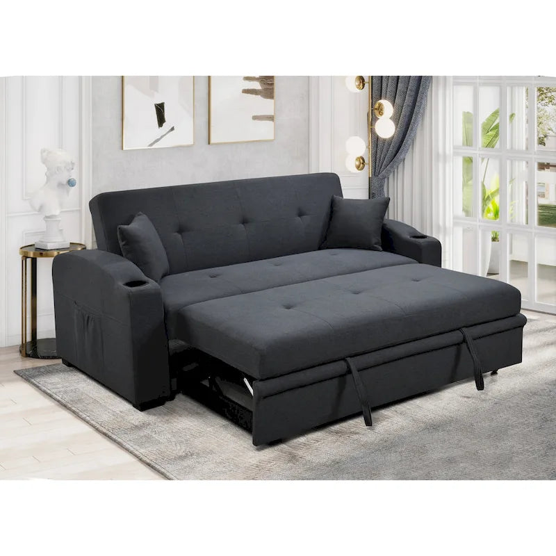 Canapé moderne convertible 3 en 1 Roomfitters 75 pouces avec lit gigogne pratique, dossier inclinable, porte-gobelets, oreillers