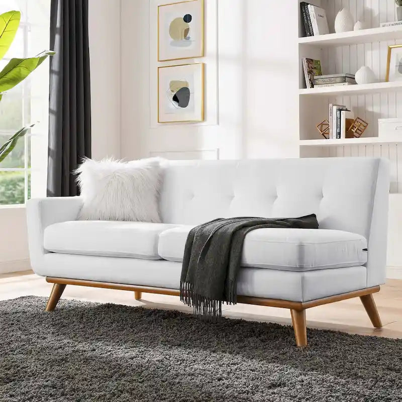 Causeuse en tissu rembourrée, accoudoir gauche, style moderne du milieu du siècle