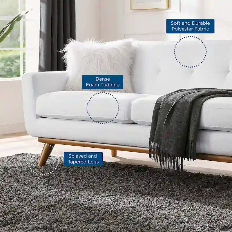 Causeuse en tissu rembourrée, accoudoir gauche, style moderne du milieu du siècle