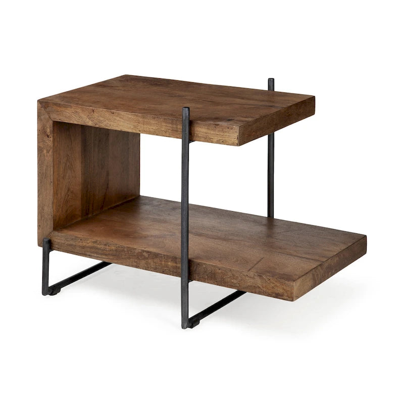 Table d'appoint/de chevet en bois massif marron moyen en forme de C avec cadre en métal noir