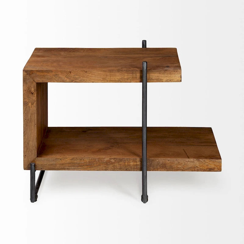 Table d'appoint/de chevet en bois massif marron moyen en forme de C avec cadre en métal noir