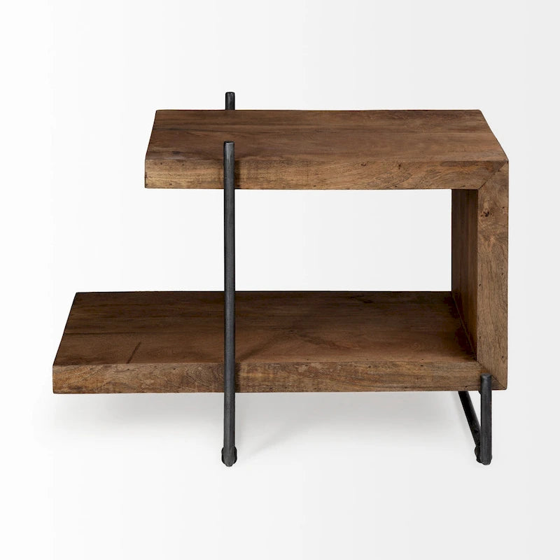 Table d'appoint/de chevet en bois massif marron moyen en forme de C avec cadre en métal noir